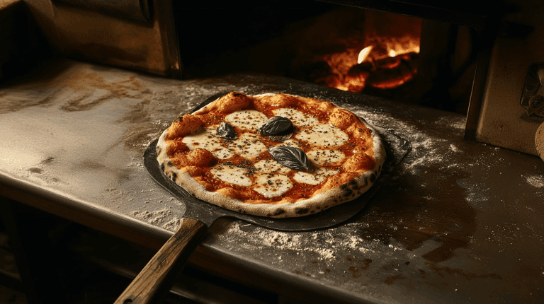 Pizza napolitaine maison sur une pelle en bois farinée, devant un four à bois allumé, mozzarella fondue et basilic frais visibles