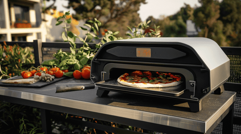 Four à pizza électrique en train de cuire une pizza garnie sur une terrasse moderne, entouré d’ingrédients frais comme des tomates cerises et du basilic, par une belle lumière naturelle.