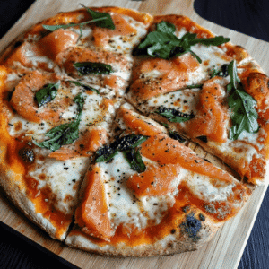 Pizza artisanale garnie de saumon fumé, mozzarella fondue et feuilles de aneth, servie sur une planche en bois