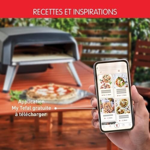 Smartphone affichant des recettes de pizza avec le four à pizza Tefal Pronto en arrière-plan sur une table extérieure
