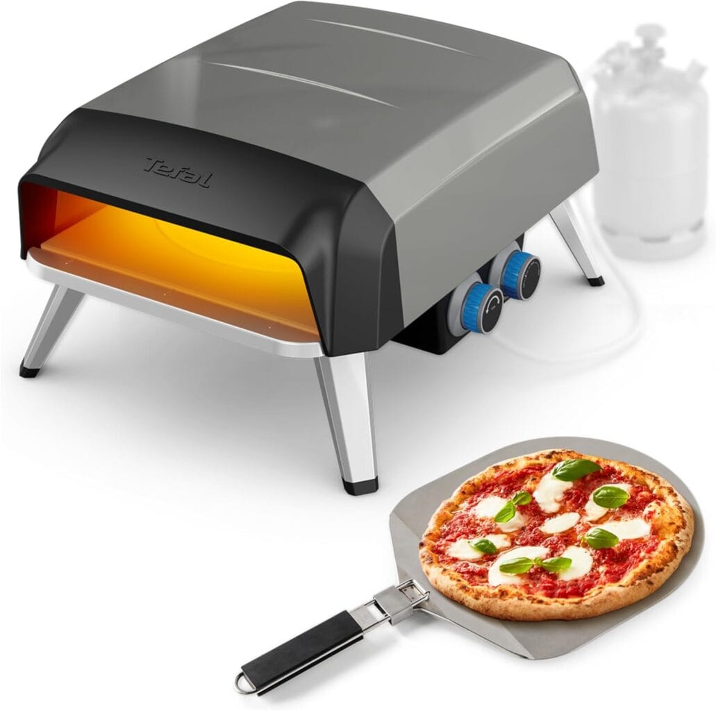 Four à pizza Tefal Pronto avec pierre de cuisson et pizza margherita prête à être servie sur une pelle