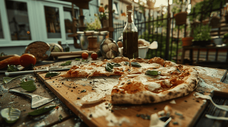Pizza partiellement mangée sur une planche en bois, avec des ingrédients éparpillés autour, en extérieur dans une ambiance de repas improvisé