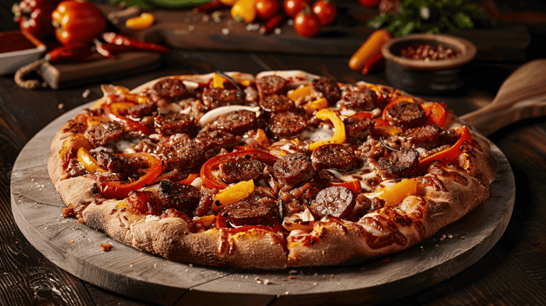 Pizza maison garnie de chorizo grillé et de poivrons rouges et jaunes, posée sur une planche en bois avec des ingrédients frais en arrière-plan