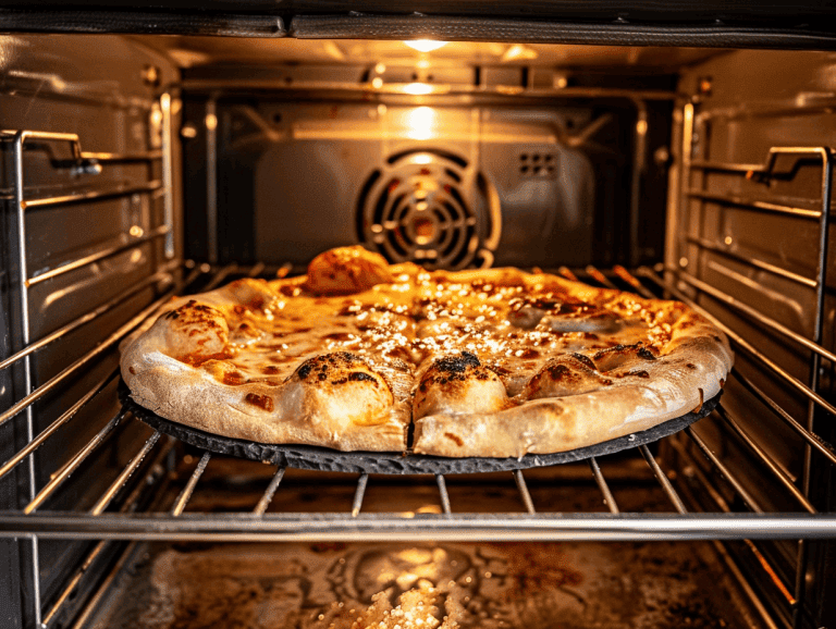 Pizza cuisant dans un four électrique, avec des bulles non uniformes et une pâte encore pâle, illustrant un manque de préchauffage