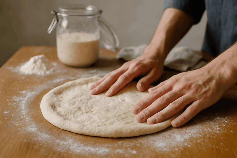 Mains façonnant une pâte à pizza au levain sur un plan de travail en bois fariné, avec pot de levain en arrière-plan