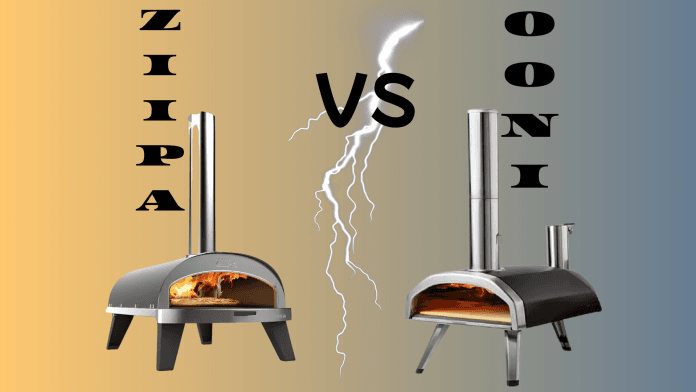 Z I I P A VS OONI affiche montrant deux four de marque différentes ziipa et ooni avec l'inscription vs et un éclaire au centre pour montrer le match