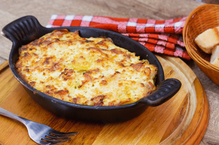 Brandade de morue maison gratinée au four, dorée dans un plat en fonte noire sur planche en bois