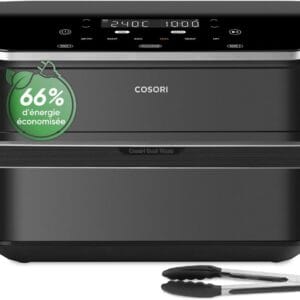 Vue de face de la friteuse à air COSORI Twinfry 10L avec écran digital, pince et commande via application smartphone