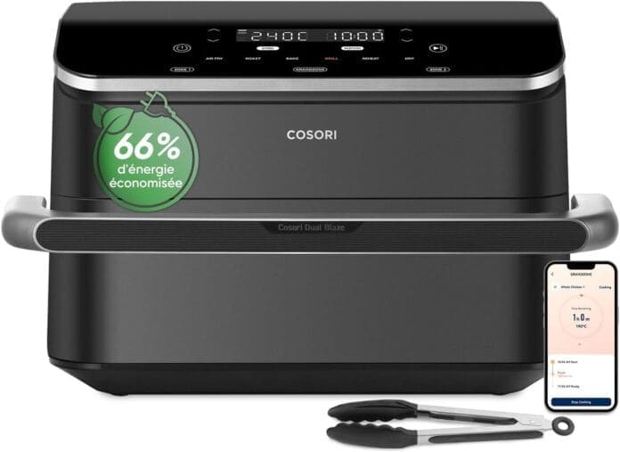 COSORI Air Fryer 10L Twinfry avec commande tactile et application mobile Vue de face de la friteuse à air COSORI Twinfry 10L avec écran digital, pince et commande via application smartphone