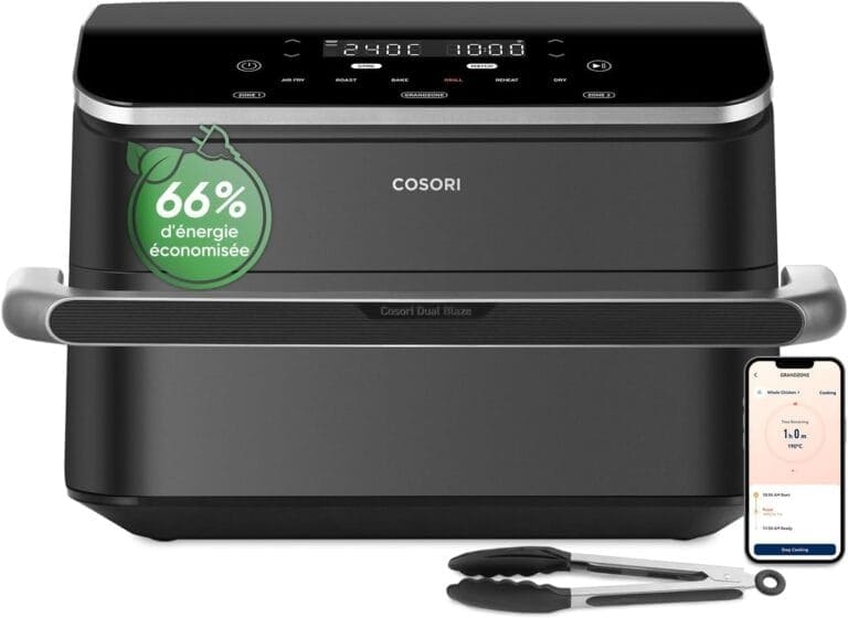 Vue de face de la friteuse à air COSORI Twinfry 10L avec écran digital, pince et commande via application smartphone