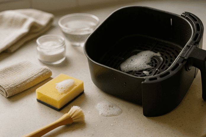 Illustration d’un air fryer ouvert en cours de nettoyage avec gants, spray et éponge.