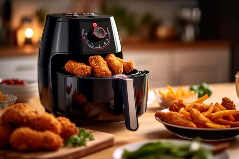 Cuisses de poulet dorées et croustillantes à la sortie d’une friteuse air fryer, servies avec des frites air fryer