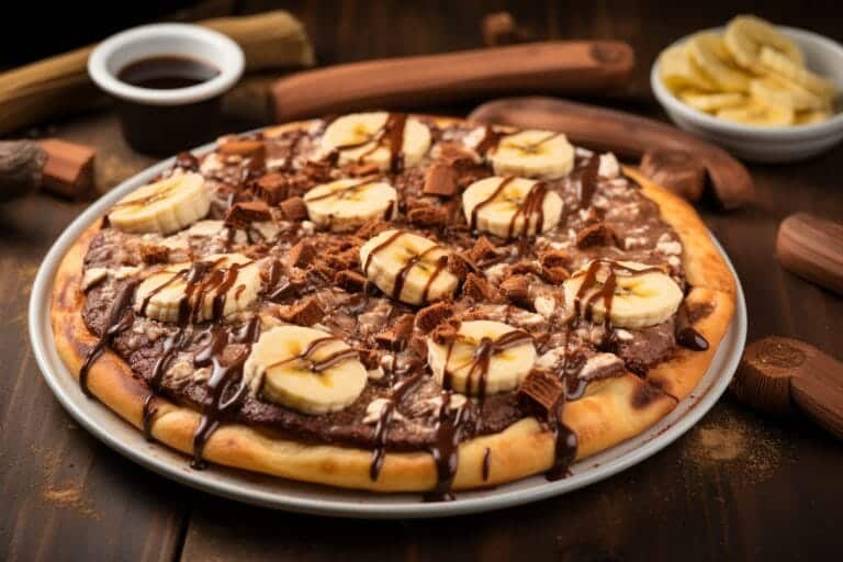 Pizza dessert garnie de Nutella, de rondelles de banane et de morceaux de biscuits, arrosée de coulis de chocolat.