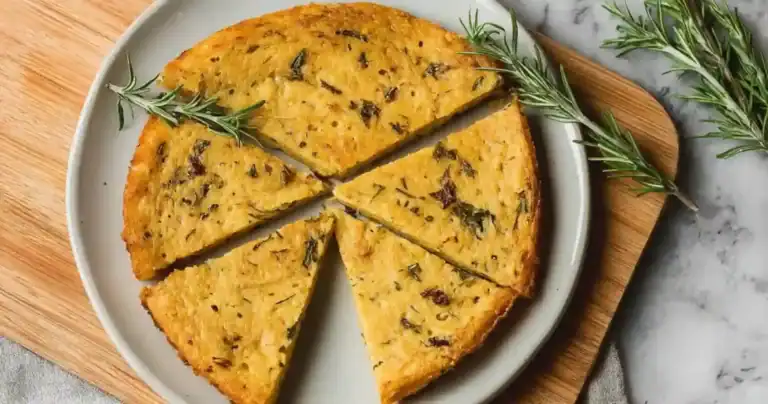 Socca niçoise dorée coupée en parts triangulaires, servie sur une assiette avec des brins de romarin, posée sur une planche en bois