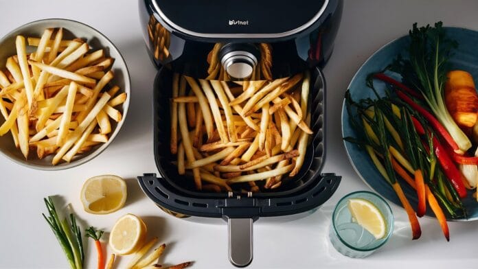 Friteuse air fryer ouverte avec frites dorées prêtes à servir, entourée de légumes frais, citron et eau citronnée sur une table claire.