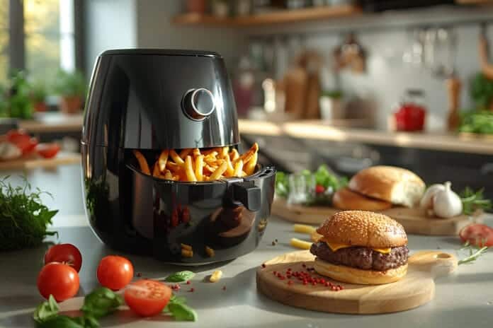 Frites croustillantes sortant de la friteuse air fryer noire, accompagnées d’un burger maison au fromage