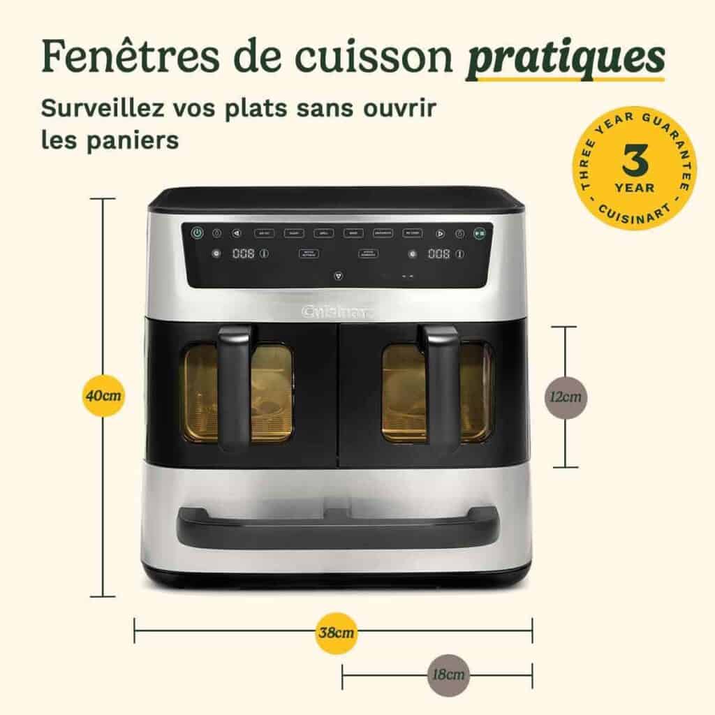 Vue avant du Cuisinart Tri Zone Air Fryer en acier inoxydable, avec ses trois zones de cuisson indépendantes et écran digital lumineux.