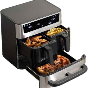 Friteuse à air Cuisinart Tri Zone en fonctionnement, cuisant simultanément des frites, des nuggets et une pizza dans ses trois compartiments indépendants.