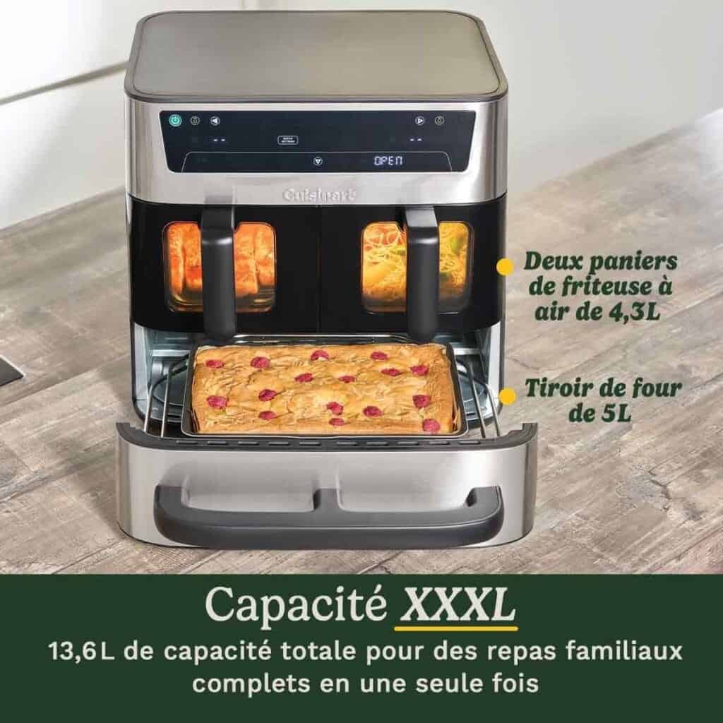 Le Cuisinart Tri Zone Air Fryer en fonctionnement, montrant la cuisson homogène à air chaud sur trois niveaux.