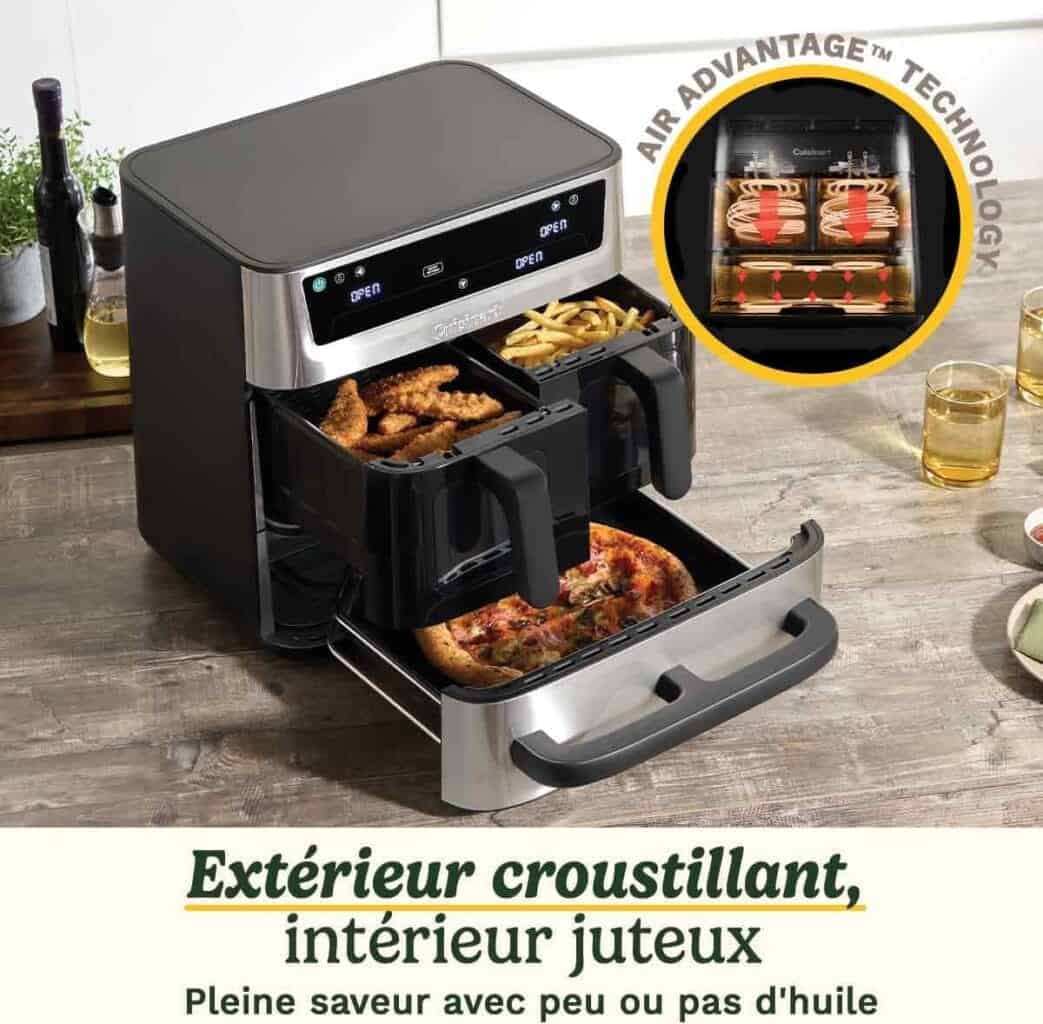 Panier principal du Cuisinart Tri Zone Air Fryer en action, cuisson dorée et croustillante sans ajout d’huile.