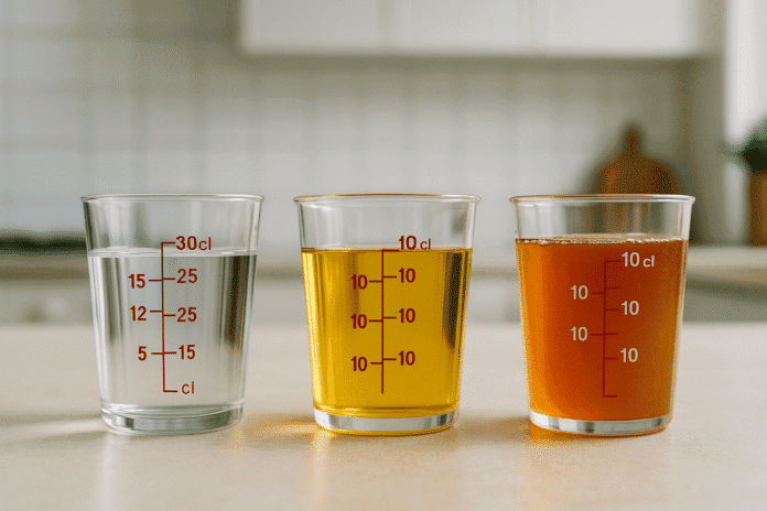 Conversion cL en g selon la densité : eau, huile et miel comparés Trois verres doseurs remplis chacun à 10 centilitres d’eau, d’huile et de miel illustrant la conversion cL en g selon la densité.