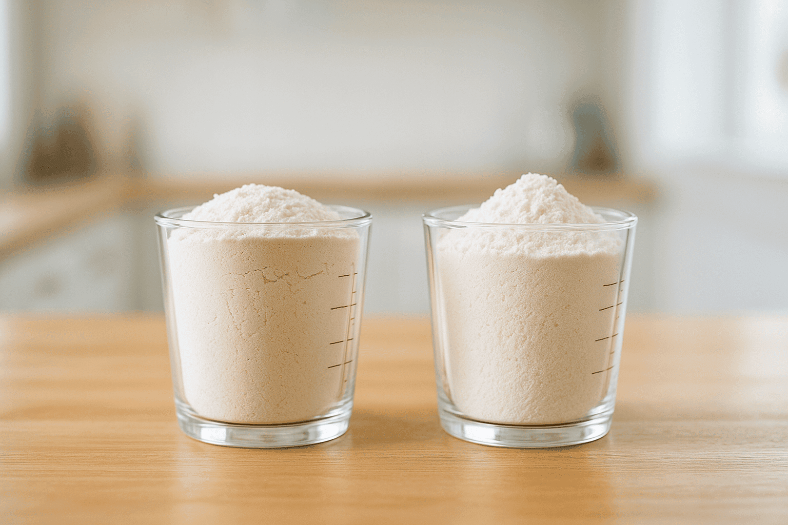 CL en g : conversion dépend de la densité 5 Deux verres doseurs montrant la différence de volume entre farine tassée et tamisée, démontrant pourquoi 20 cL ne donnent pas le même poids en grammes.