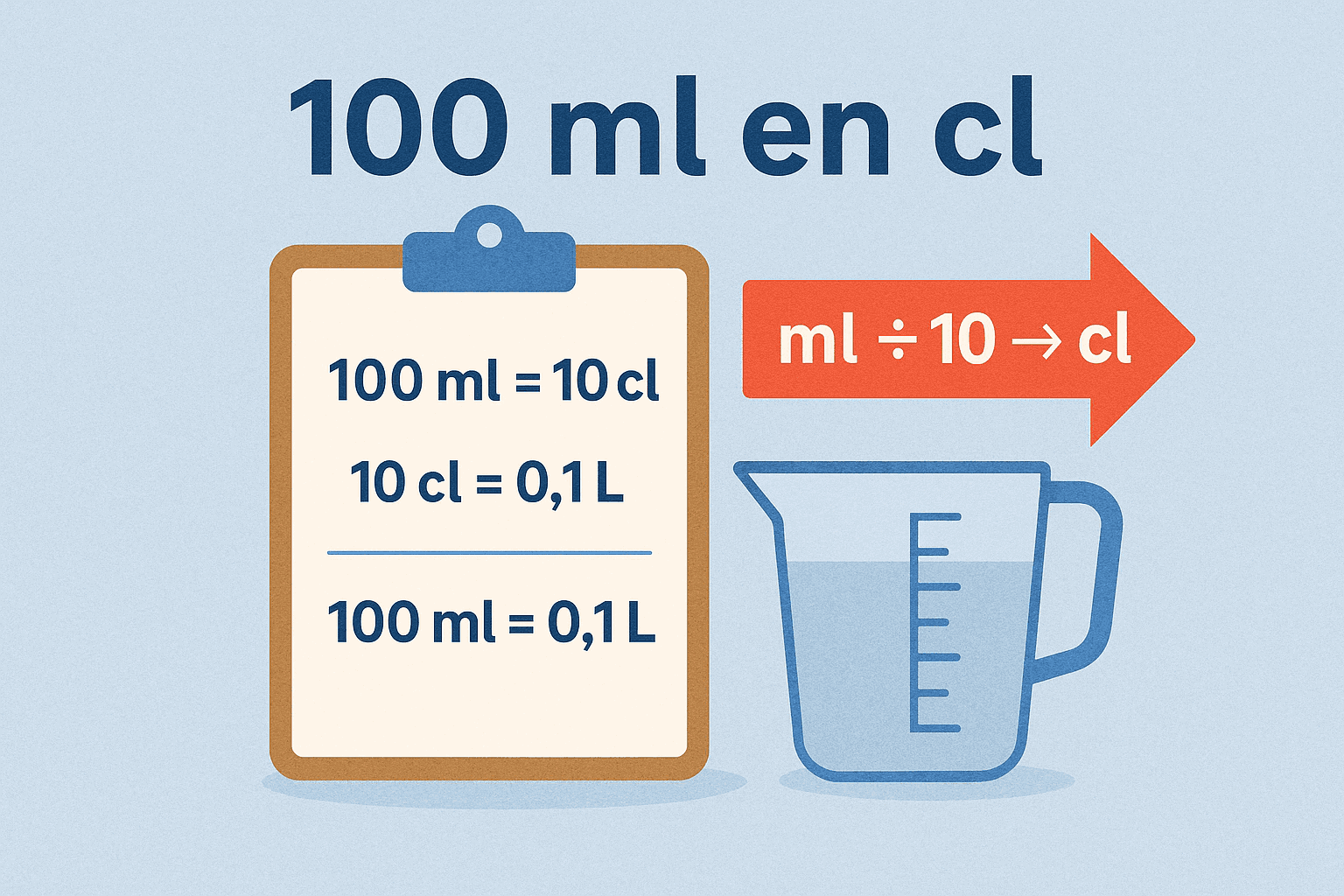 illustration pédagogique d’un bloc-notes convertissant 100ml en cl montrant que 100 ml égalent 10 cl avec flèche rouge indiquant ml ÷ 10 vers cl