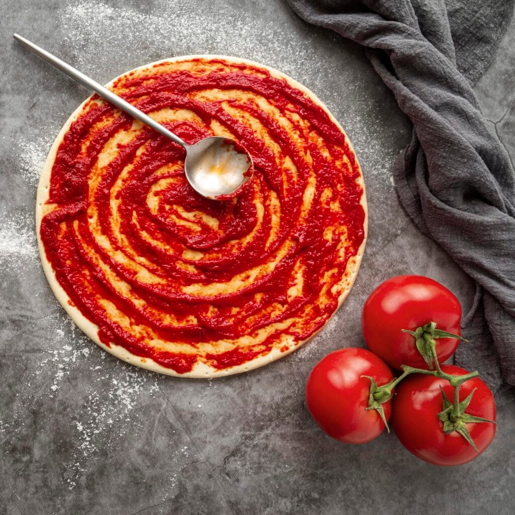 Sauce tomate pizza : secrets d'une sauce réussie 5 Coulis de tomates pizza disposé en spirale sur pâte à pizza artisanale