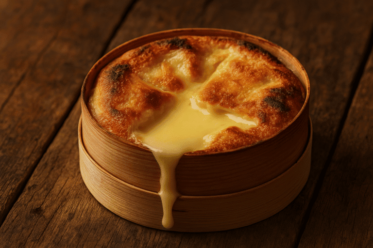 mont d’or au four avec croûte dorée et cœur coulant, présenté dans sa boîte en épicéa sur une table rustique.
