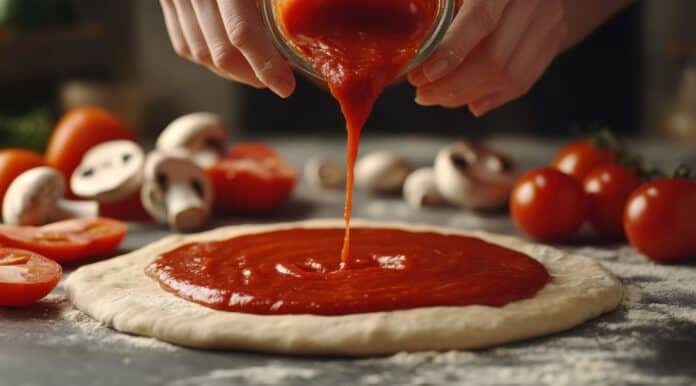 Recette sauce pizza coulis de tomates maison versé sur la pâte Coulis de tomates pizza versé sur une pâte pour préparer une sauce tomate maison pizza
