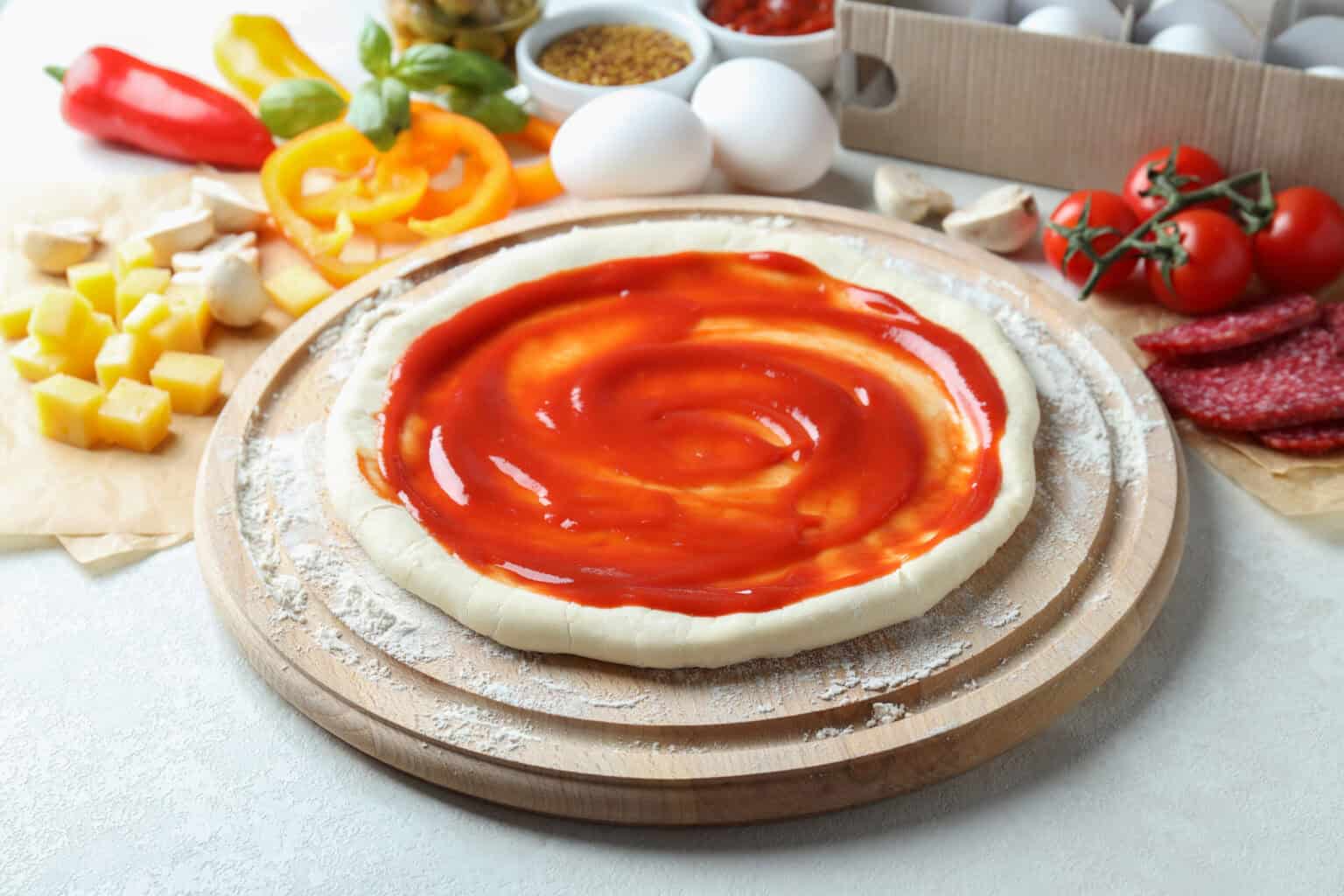 Sauce tomate pizza : secrets d'une sauce réussie 7 Pâte à pizza crue nappée de sauce tomate pizza maison avec ingrédients frais autour