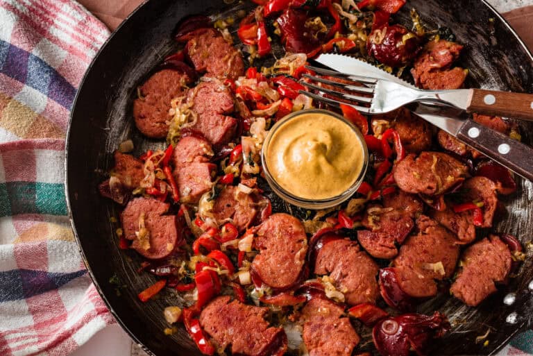 Tranches de saucisse poêlées avec poivrons rouges, oignons fondants et sauce moutarde, plat rustique proche d’un rougail.