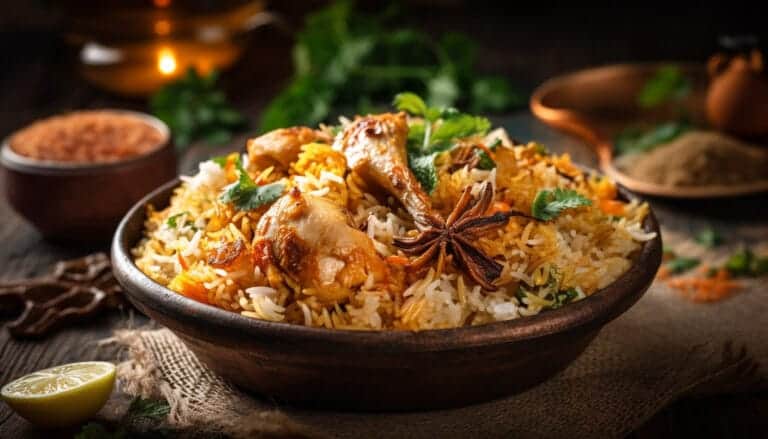 Bol de poulet biryani doré au safran et riz basmati parfumé, garni d’anis étoilé et de coriandre fraîche.