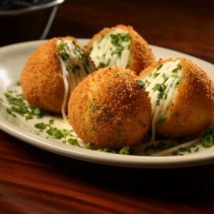 Assiette d’arancini dorés avec mozzarella fondante et persil