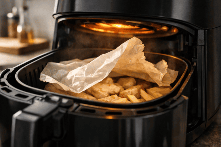 Illustration réaliste des dangers liés à l’utilisation du papier cuisson dans un air fryer, montrant comment il peut nuire à la cuisson et à la sécurité.