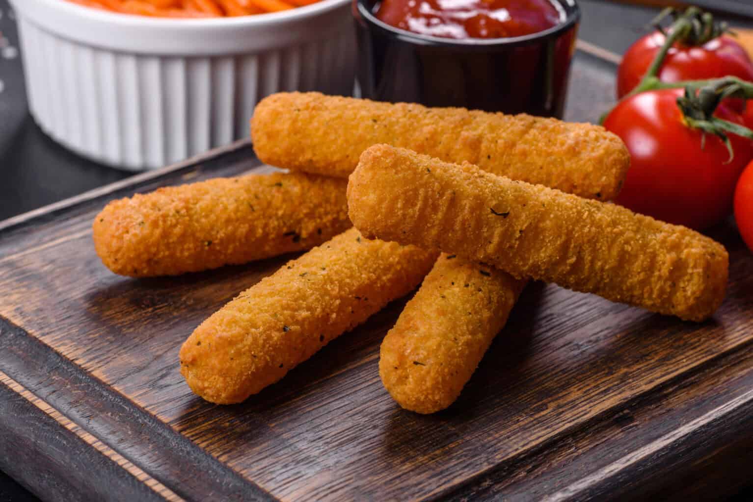 Mozzarella sticks Air Fryer : croustillants à l’extérieur, fondants à l’intérieur 7 Mozzarella sticks Air Fryer panés et croustillants accompagnés de sauce tomate