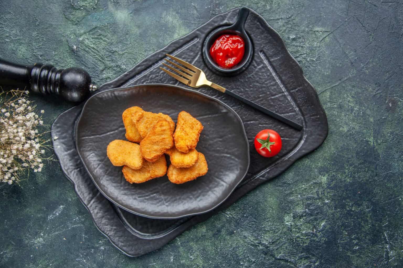 Nuggets de poulet Air Fryer croustillants et maison 8 Nuggets de poulet Air Fryer croustillants servis sur une assiette noire avec sauce ketchup