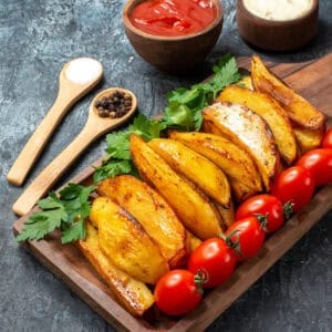 Pommes de terre Air Fryer croustillantes servies en quartiers avec tomates et herbes