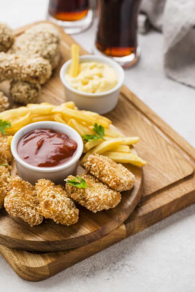 Nuggets de poulet Air Fryer croustillants et maison 7 Nuggets de poulet maison cuits à l’Air Fryer accompagnés de frites et de sauces