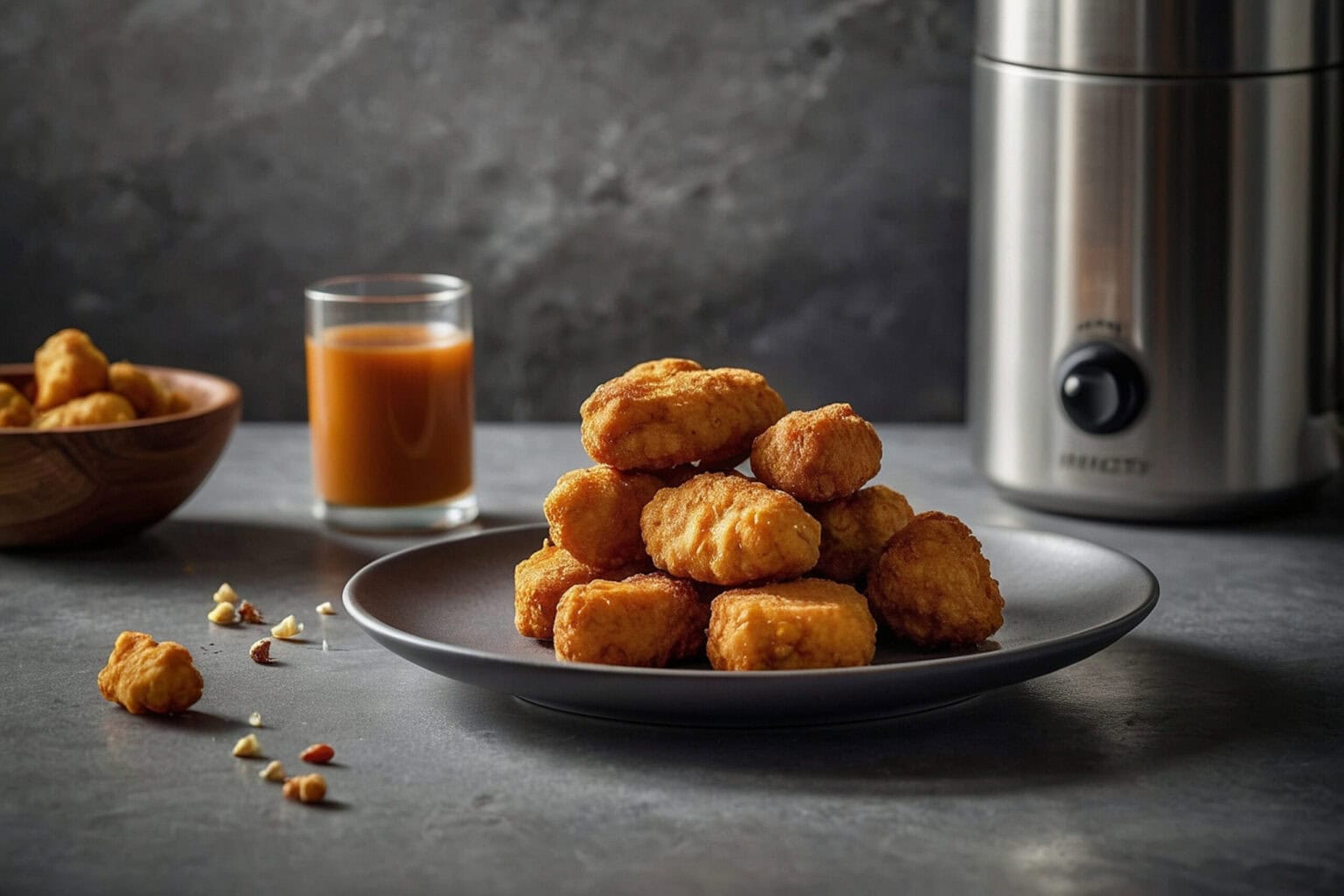 Nuggets de poulet Air Fryer croustillants et maison 6 Nuggets de poulet Air Fryer dorés et croustillants servis devant un appareil Air Fryer