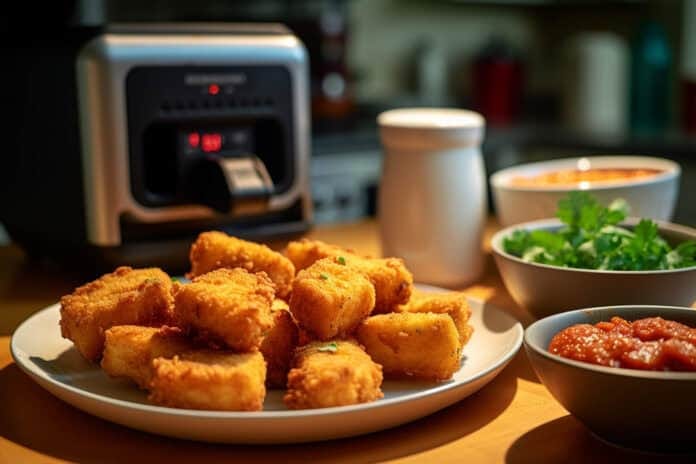 Nuggets croustillants à l’Air Fryer prêts à déguster Nuggets croustillants cuits à l’Air Fryer servis avec sauces maison