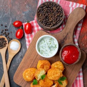 Nuggets de poulet Air Fryer croustillants et maison 5 Nuggets de poulet Air Fryer croustillants présentés sur une planche avec sauces et assaisonnements