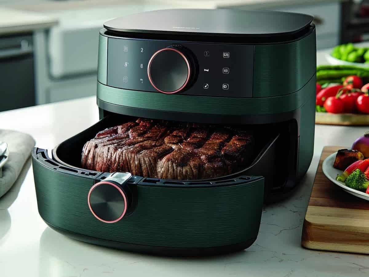 Gros plan sur une friteuse air fryer verte avec viande grillée et légumes croquants tout autour