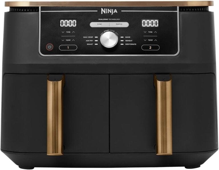 Vue frontale du Ninja Foodi MAX Dual Zone AF400EU avec double tiroir indépendant et panneau de commande central