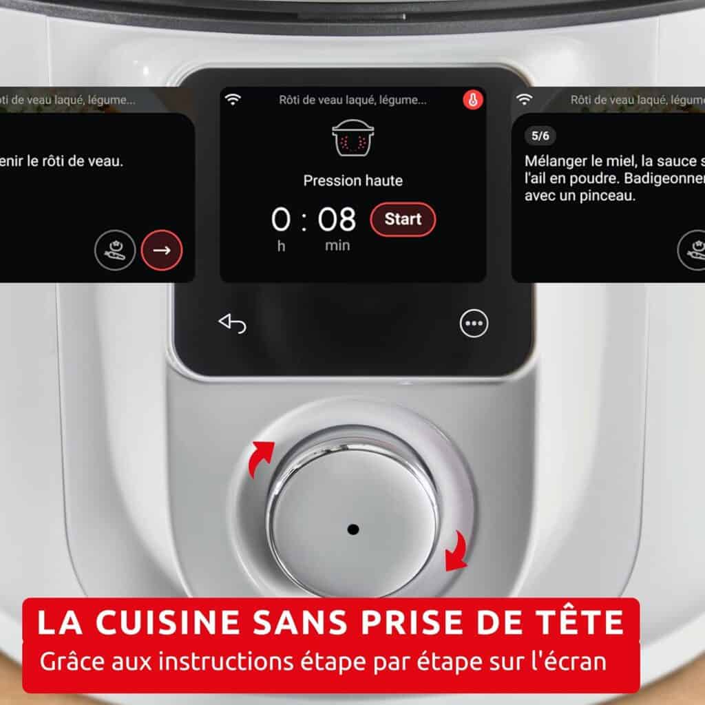 Interface de cuisson avec instructions étape par étape sur le Moulinex Cookeo Infinity Air fryer