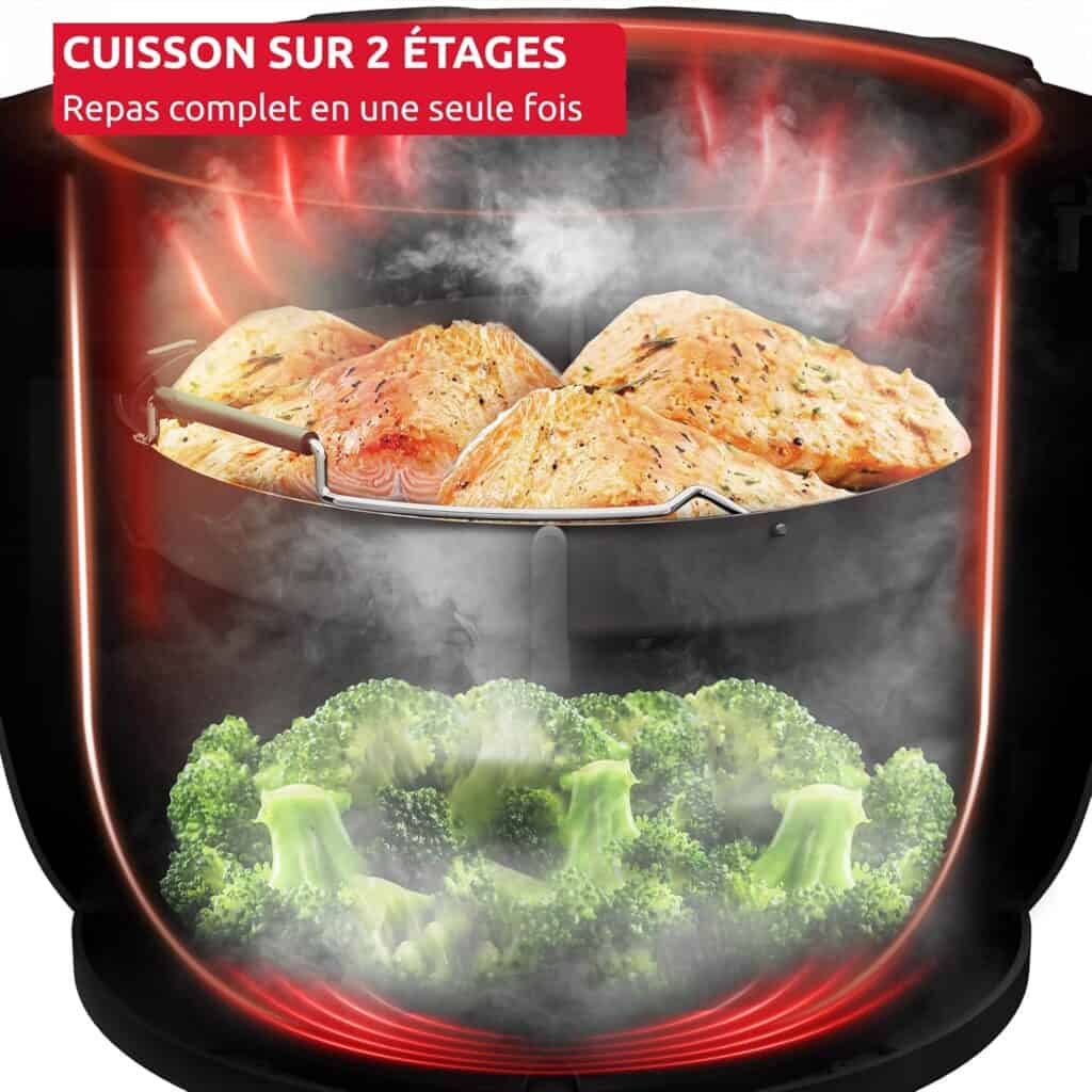Cuisson simultanée de viande et légumes sur deux niveaux dans le Moulinex Cookeo Infinity Air fryer