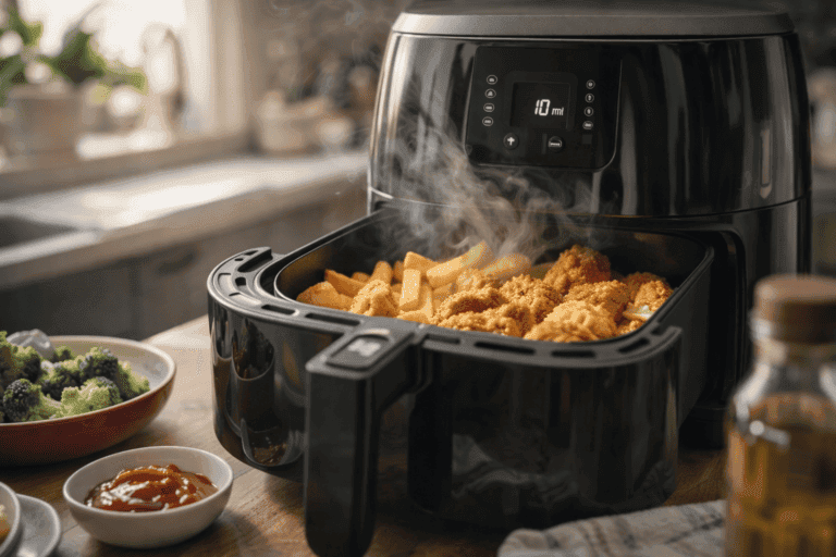 Panier d’air fryer avec des frites croustillantes en cours de cuisson, illustrant le temps de cuisson idéal