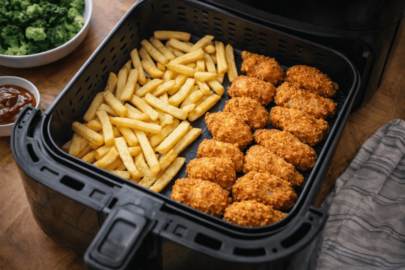 Panier d’air fryer avec aliments disposés en une seule couche pour une circulation optimale de l’air chaud et un croustillant uniforme