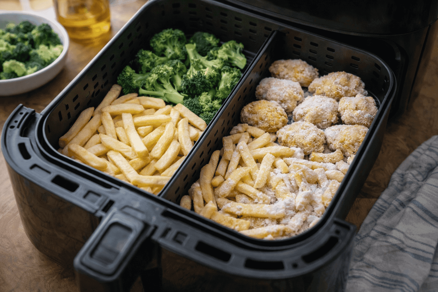 Comparaison des aliments frais et surgelés dans un panier d’air fryer illustrant la différence de temps de cuisson air fryer