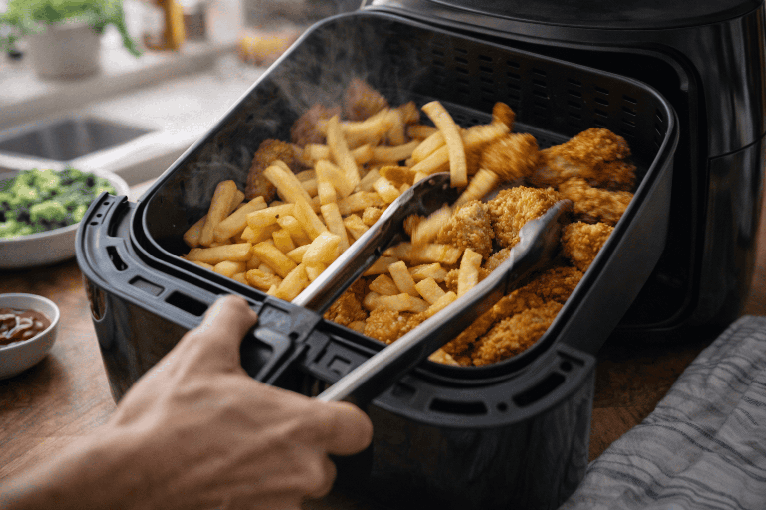 Main secouant le panier d’un air fryer à mi-cuisson pour assurer un temps de cuisson air fryer homogène et un croustillant uniforme